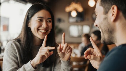 Medium close-up of a smiling Asian woman with long black hair using sign language with a man in a cozy cafe with warm lighting and blurred background
