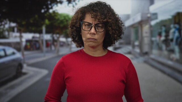 Woman frowning on street wearing glasses amid urban storefronts and blurred vehicles under gray sky; annoyance.