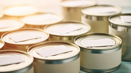 Stacked food cans with blank labels offer design versatility for product mockups and packaging concepts