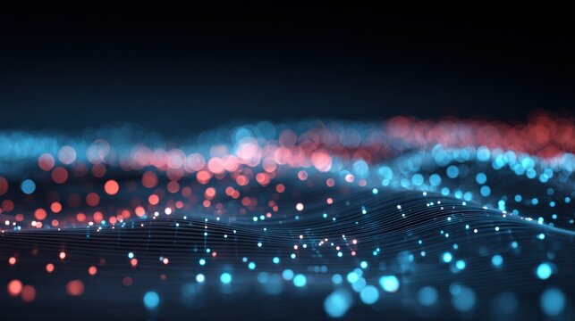 Abstract Data Visualization of Digital Network with Glowing Particles in Red and Blue Color