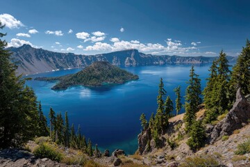 Vast blue volcanic lake with a central island surrounded by towering mountains under blue sky