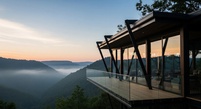 Minimalist glass-and-wood pavilion cantilevered over a dramatic cliff with pastel sky and distant ridges, styled as clean architectural visualization; suitable for brochures, posters, and luxury brand