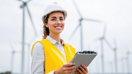 Female Engineer Inspecting Wind Turbines with Digital Tablet for Sustainable Energy Production