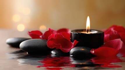 Serene Spa Still Life with Black Candle, Stones, and Red Rose Petals for Wellness Advertising
