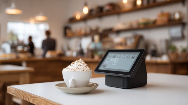 Cappuccino with whipped cream and point of sale system at cafe, promoting efficient business operations