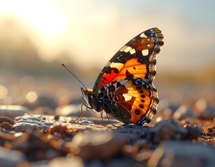 Obraz premium Close-up of a butterfly, showcasing its vibrant wings and delicate features, bathed in golden sunlight. The focus is on the butterfly