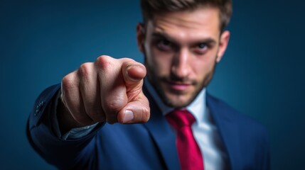 Confident Businessman Points Directly at the Viewer with Focused Gaze Against a Dark Blue Backdrop