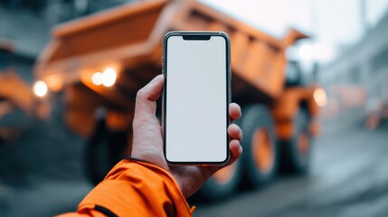 Mobile Phone Mockup Held in Hand on Construction Site with Heavy Machinery in Background