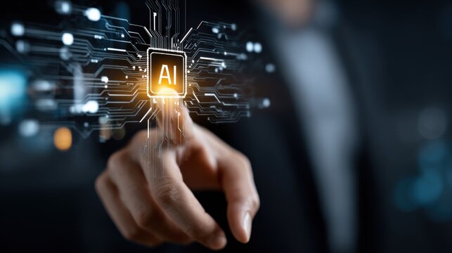 Human Finger Touching Artificial Intelligence Chip, Representing Future Technology and Digital Transformation in Business