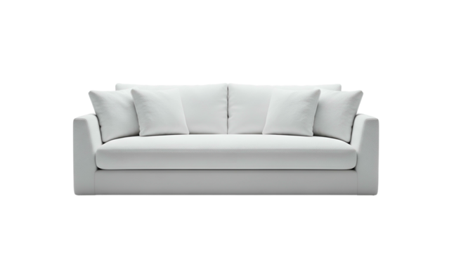 A minimalist, bright white sofa with multiple fluffy pillows against a black background