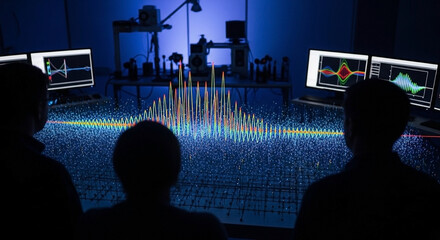 Researchers analyzing spectral data in a dark laboratory environment setting