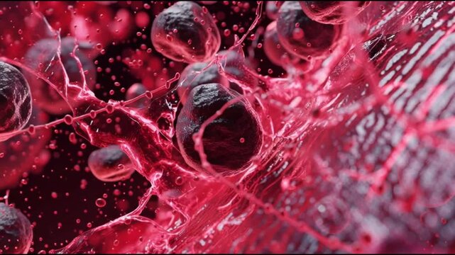 Basophil. White blood cell. Hematology. Medical science health. Microscopic view of basophils in a vibrant red liquid environment.