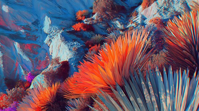 Vivid Abstract Tropical Landscape with Bright Orange and Blue Plants and Rocky Terrain - Powered by Adobe