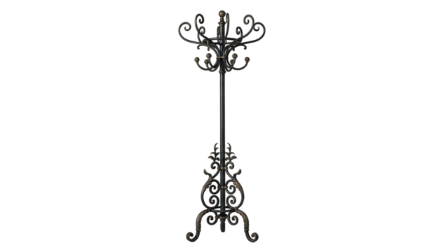 Ornate, tall, wrought-iron coat rack, standing against a stark black background - Powered by Adobe