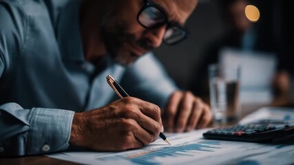 Focused businessman analyzing financial graphs on paper, using pen for notes, with calculator and water glass nearby, showcasing intense concentration and detail in work - Powered by Adobe