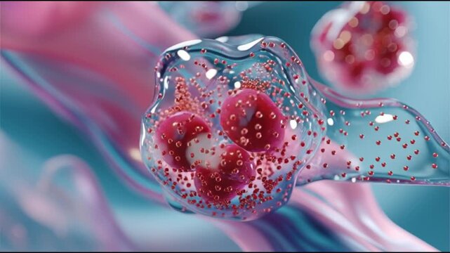 Basophil. White blood cell. Hematology. Medical science health. Artistic representation of a cell in a fluid environment.
