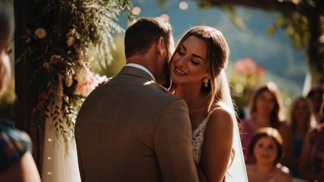 Couple exchanging heartfelt vows during an outdoor ceremony, showcasing emotional connection and joy, camera follows with a gentle zoom in capturing intimate moments