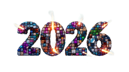 Digit "2026" composed of mosaic tiles with energy flares and glowing outlines on black