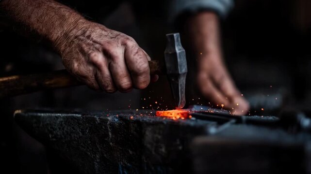 Skilled blacksmith shaping glowing metal with hammer strikes on an anvil, sparks flying, showcasing craftsmanship and dedication in a dynamic scene of artistry and labor