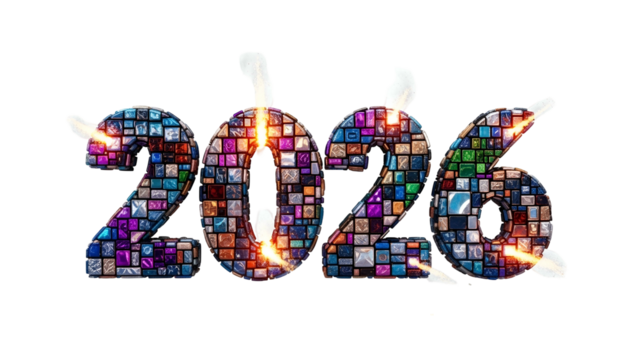 Digit "2026" composed of mosaic tiles with energy flares and glowing outlines on black