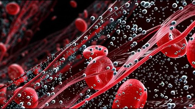 Basophil. White blood cell. Hematology. Medical science health. Illustration of red blood cells moving in a fluid environment.