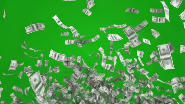 Swirling Vortex of Riches with money explosions green screen falling distortion, overlay, glitch, static noise, scan lines on black background, 4k animated video loop