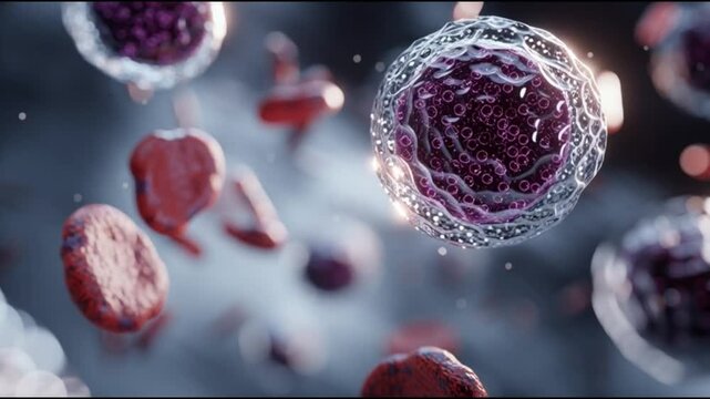 Basophil. White blood cell. Hematology. Medical science health. 3D representation of basophils and other blood cells in motion