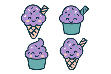 Adorable purple ice cream scoops with sprinkles and happy faces served in waffle cones and paper cups