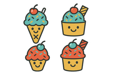 Four cute cartoon dessert characters including ice cream and cupcakes with sprinkles