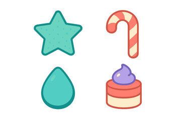 Colorful collection of simple cartoon icons: star, striped candy, water drop, and sweet cake