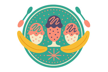 Colorful vintage style dessert emblem featuring ice cream sundaes, bananas, and serving spoons