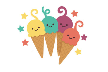 Four colorful scoops of smiling ice cream in waffle cones surrounded by bright stars