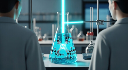 Innovative laboratory research with laser analysis and molecule structure display