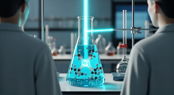 Innovative laboratory research with laser analysis and molecule structure display