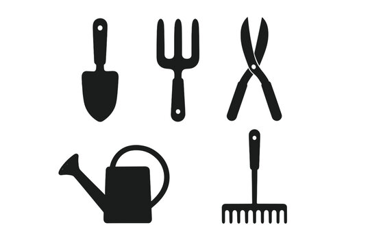 Set of essential gardening tools including trowel fork shears watering can and rake silhouettes