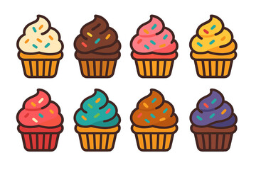 Eight colorful sweet cupcakes with various frosting flavors and decorative sprinkles
