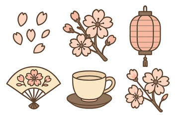 Japanese spring elements set with sakura branches, pink petals, traditional lantern, folding fan, and hot beverage cup