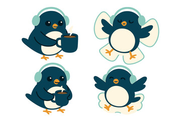Cute cartoon penguins wearing headphones enjoying hot coffee and relaxing on clouds