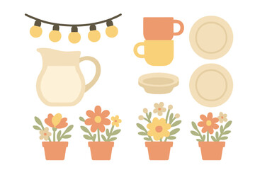 Cozy home and garden elements set with string lights, ceramic dishware, pitcher, and potted flowers