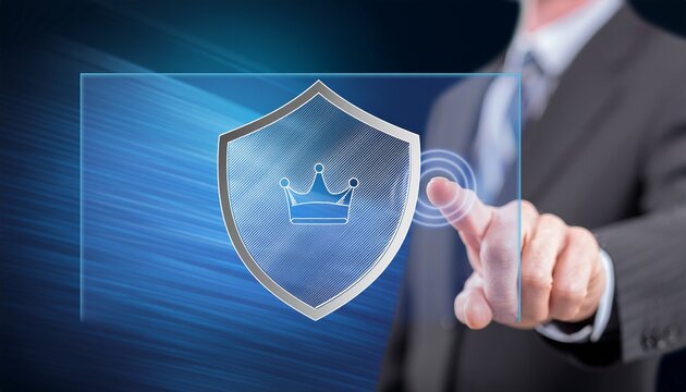 Digital Shield of Protection: A confident business person in a suit, pointing towards a digital shield, representing security, protection, and leadership. 