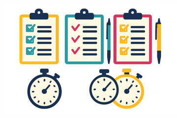 Obraz premium Set of clipboards with checklists, pens, and stopwatches symbolizing planning and productivity