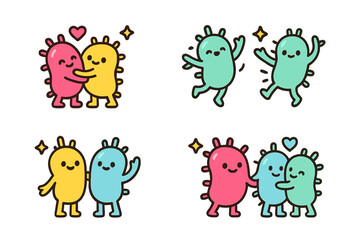 Cute colorful cartoon microbe characters expressing friendship and happiness