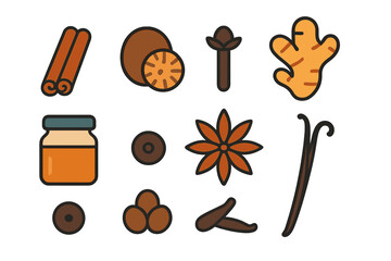 Essential aromatic culinary spices set including cinnamon, nutmeg, ginger, and vanilla pods