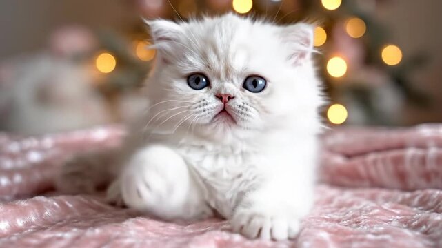Fluffy white kitten waving hello