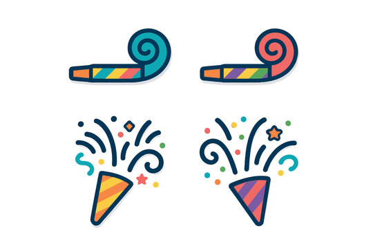 Bright festive party horns and exploding confetti streamers for celebration events