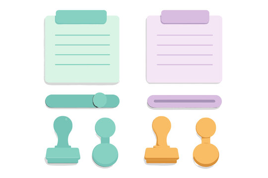 Pastel colored user interface elements set including notes, sliders, and rubber stamps in a modern 3D style