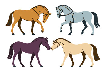 Four stylized horses walking in different directions wearing bridles and colorful coats