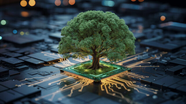 Green Technology Tree Growing From Computer Chip
