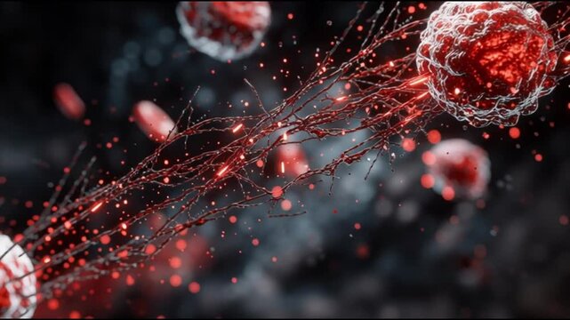 Basophil. White blood cell. Hematology. Medical science health. Vivid depiction of basophils and red blood cells in motion.