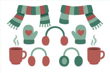 Cozy winter essentials set featuring scarves, mittens, earmuffs, and hot cocoa mugs in festive colors